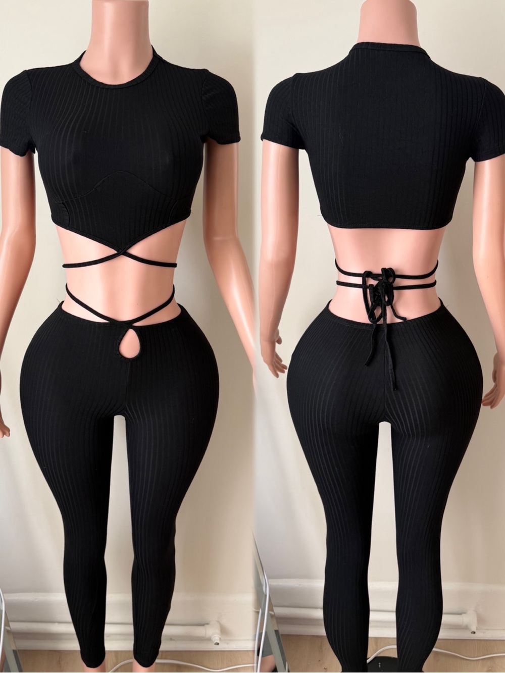 Black Ribbed Tie-Back Crop Top & Leggings Set NWOT